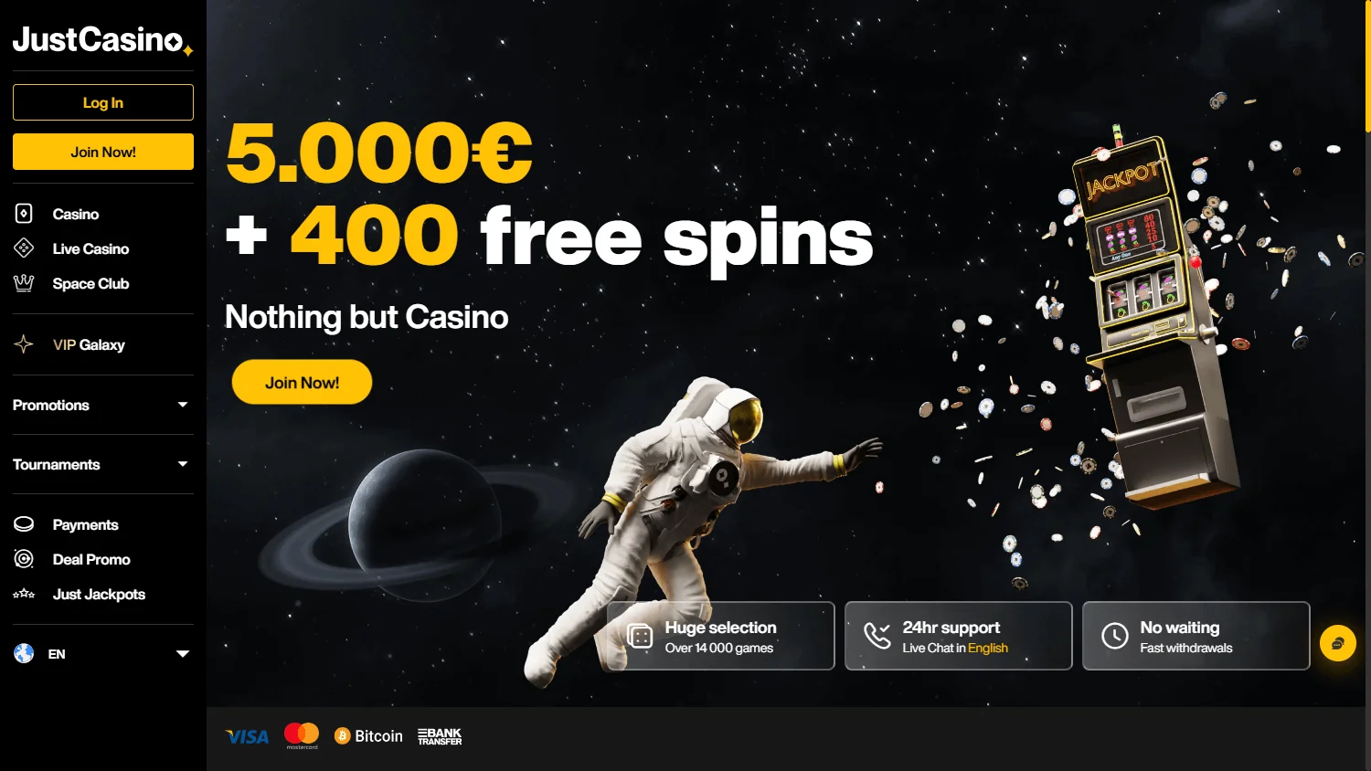 JustCasino desktop casino home with access to casino games and account features
