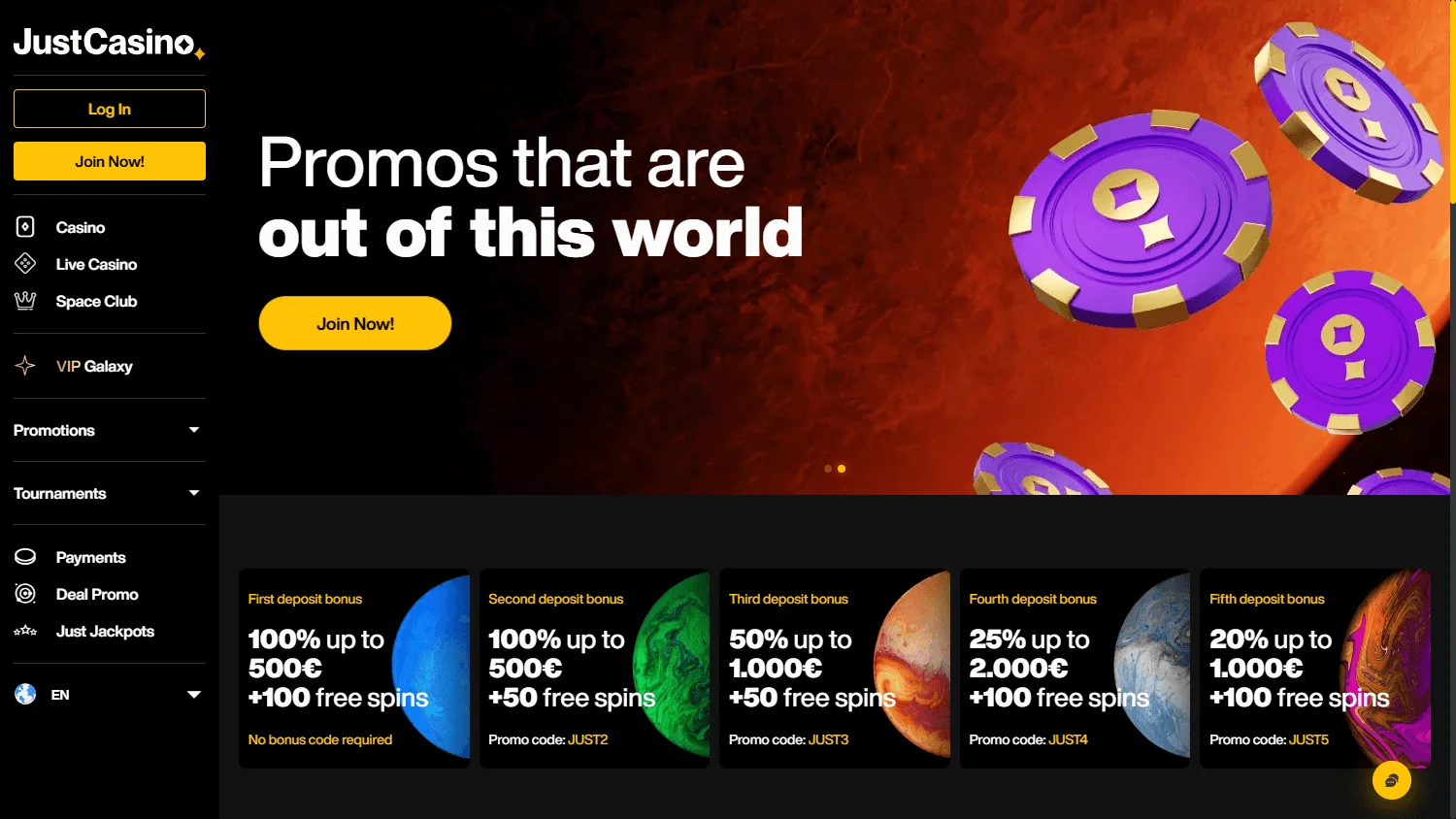 JustCasino desktop promotions area with bonus and free-spin offers