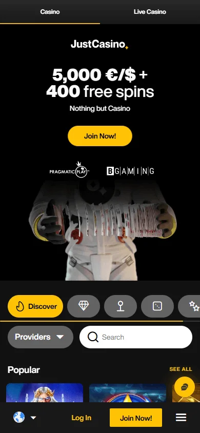 JustCasino mobile browser home with casino access on a smartphone