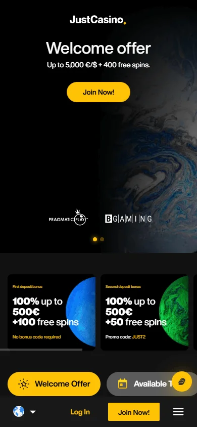 JustCasino mobile promotions area with casino deals and promotional offers